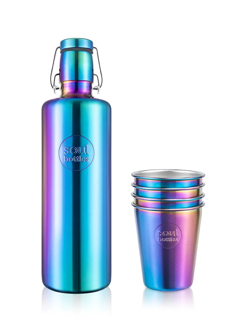 Set Trinkflasche aus Edelstahl im Regenbogenlook mit Trinkbecher 300ml in utopia